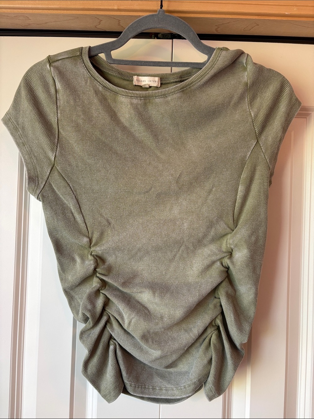 Gilded Intent Olive Green Ruched Crop Tee